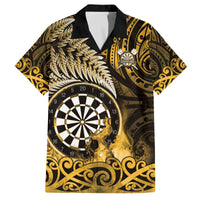 Personalised New Zealand Darts Family Matching Off The Shoulder Long Sleeve Dress and Hawaiian Shirt Maori Koru Dartboard Gold Flame