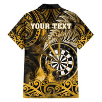 Personalised New Zealand Darts Family Matching Off The Shoulder Long Sleeve Dress and Hawaiian Shirt Maori Koru Dartboard Gold Flame