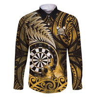 Personalised New Zealand Darts Family Matching Off The Shoulder Long Sleeve Dress and Hawaiian Shirt Maori Koru Dartboard Gold Flame
