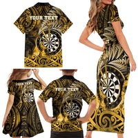 Personalised New Zealand Darts Family Matching Short Sleeve Bodycon Dress and Hawaiian Shirt Maori Koru Dartboard Gold Flame
