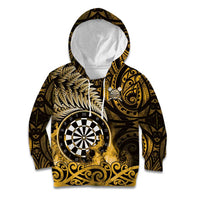 Personalised New Zealand Darts Kid Hoodie Maori Koru Dartboard Gold Flame