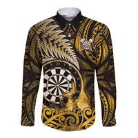 Personalised New Zealand Darts Long Sleeve Button Shirt Maori Koru Dartboard Gold Flame