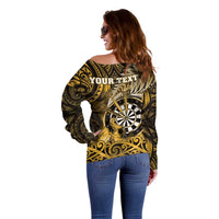 Personalised New Zealand Darts Off Shoulder Sweater Maori Koru Dartboard Gold Flame