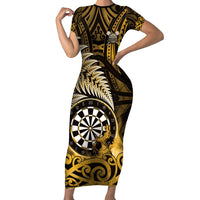 Personalised New Zealand Darts Short Sleeve Bodycon Dress Maori Koru Dartboard Gold Flame