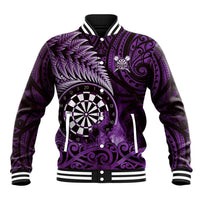 Personalised New Zealand Darts Baseball Jacket Maori Koru Dartboard Purple Flame