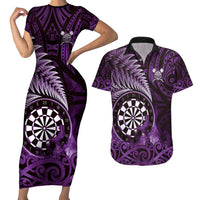 Personalised New Zealand Darts Couples Matching Short Sleeve Bodycon Dress and Hawaiian Shirt Maori Koru Dartboard Purple Flame