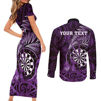 Personalised New Zealand Darts Couples Matching Short Sleeve Bodycon Dress and Long Sleeve Button Shirt Maori Koru Dartboard Purple Flame