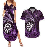 Personalised New Zealand Darts Couples Matching Summer Maxi Dress and Hawaiian Shirt Maori Koru Dartboard Purple Flame