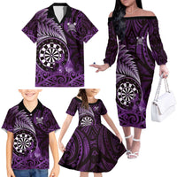 Personalised New Zealand Darts Family Matching Off The Shoulder Long Sleeve Dress and Hawaiian Shirt Maori Koru Dartboard Purple Flame