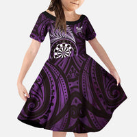Personalised New Zealand Darts Family Matching Off Shoulder Maxi Dress and Hawaiian Shirt Maori Koru Dartboard Purple Flame