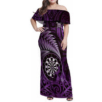 Personalised New Zealand Darts Family Matching Off Shoulder Maxi Dress and Hawaiian Shirt Maori Koru Dartboard Purple Flame