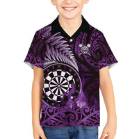 Personalised New Zealand Darts Kid Hawaiian Shirt Maori Koru Dartboard Purple Flame