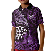 Personalised New Zealand Darts Kid Polo Shirt Maori Koru Dartboard Purple Flame
