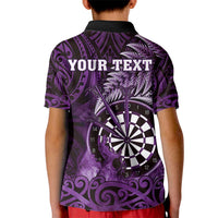 Personalised New Zealand Darts Kid Polo Shirt Maori Koru Dartboard Purple Flame