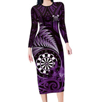 Personalised New Zealand Darts Long Sleeve Bodycon Dress Maori Koru Dartboard Purple Flame