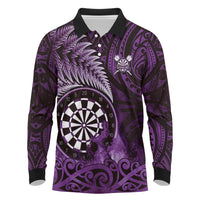 Personalised New Zealand Darts Long Sleeve Polo Shirt Maori Koru Dartboard Purple Flame