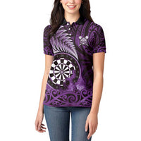 Personalised New Zealand Darts Women Polo Shirt Maori Koru Dartboard Purple Flame