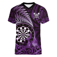Personalised New Zealand Darts Women V-Neck T-Shirt Maori Koru Dartboard Purple Flame