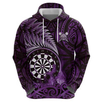 Personalised New Zealand Darts Zip Hoodie Maori Koru Dartboard Purple Flame