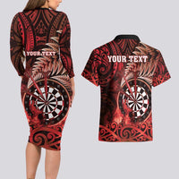 Personalised New Zealand Darts Couples Matching Long Sleeve Bodycon Dress and Hawaiian Shirt Maori Koru Dartboard Red Flame