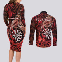 Personalised New Zealand Darts Couples Matching Long Sleeve Bodycon Dress and Long Sleeve Button Shirt Maori Koru Dartboard Red Flame