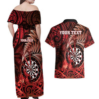 Personalised New Zealand Darts Couples Matching Off Shoulder Maxi Dress and Hawaiian Shirt Maori Koru Dartboard Red Flame
