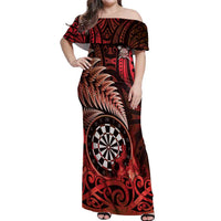 Personalised New Zealand Darts Off Shoulder Maxi Dress Maori Koru Dartboard Red Flame