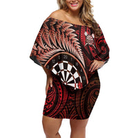 Personalised New Zealand Darts Off Shoulder Short Dress Maori Koru Dartboard Red Flame