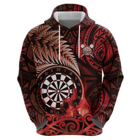 Personalised New Zealand Darts Zip Hoodie Maori Koru Dartboard Red Flame