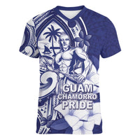 Guam Chief Quipuha Women V-Neck T-Shirt Polynesian Pattern With Guasali Flowers LT05 Female Navy - Polynesian Pride