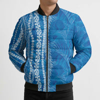 Hawaii Prince Kuhio Bomber Puffer Jacket Blue Hawaiian Lau Maia With Leis LT05 - Polynesian Pride