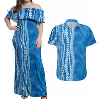 Hawaii Prince Kuhio Couples Matching Off Shoulder Maxi Dress and Hawaiian Shirt Blue Hawaiian Lau Maia With Leis