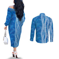 Hawaii Prince Kuhio Couples Matching Off The Shoulder Long Sleeve Dress and Long Sleeve Button Shirt Blue Hawaiian Lau Maia With Leis