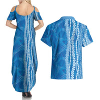 Hawaii Prince Kuhio Couples Matching Summer Maxi Dress and Hawaiian Shirt Blue Hawaiian Lau Maia With Leis