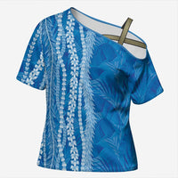 Hawaii Prince Kuhio Cross Shoulder Shirt Blue Hawaiian Lau Maia With Leis LT05 Female Blue - Polynesian Pride