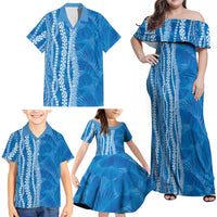 Hawaii Prince Kuhio Family Matching Off Shoulder Maxi Dress and Hawaiian Shirt Blue Hawaiian Lau Maia With Leis