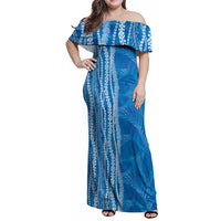 Hawaii Prince Kuhio Family Matching Off Shoulder Maxi Dress and Hawaiian Shirt Blue Hawaiian Lau Maia With Leis