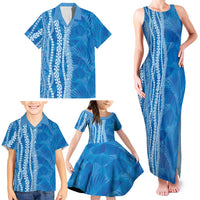 Hawaii Prince Kuhio Family Matching Tank Maxi Dress and Hawaiian Shirt Blue Hawaiian Lau Maia With Leis