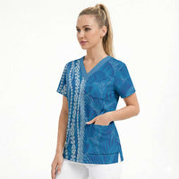 Hawaii Prince Kuhio Scrub Top Blue Hawaiian Lau Maia With Leis LT05 - Polynesian Pride