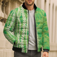 Hawaii Prince Kuhio Bomber Puffer Jacket Lime Green Hawaiian Lau Maia With Leis LT05 - Polynesian Pride