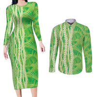 Hawaii Prince Kuhio Couples Matching Long Sleeve Bodycon Dress and Long Sleeve Button Shirt Lime Green Hawaiian Lau Maia With Leis