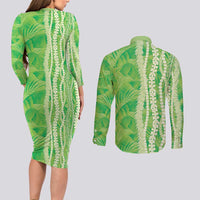 Hawaii Prince Kuhio Couples Matching Long Sleeve Bodycon Dress and Long Sleeve Button Shirt Lime Green Hawaiian Lau Maia With Leis