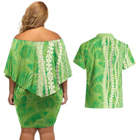 Hawaii Prince Kuhio Couples Matching Off Shoulder Short Dress and Hawaiian Shirt Lime Green Hawaiian Lau Maia With Leis