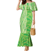 Hawaii Prince Kuhio Family Matching Mermaid Dress and Hawaiian Shirt Lime Green Hawaiian Lau Maia With Leis