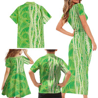 Hawaii Prince Kuhio Family Matching Short Sleeve Bodycon Dress and Hawaiian Shirt Lime Green Hawaiian Lau Maia With Leis