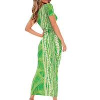 Hawaii Prince Kuhio Family Matching Short Sleeve Bodycon Dress and Hawaiian Shirt Lime Green Hawaiian Lau Maia With Leis