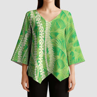 Hawaii Prince Kuhio Kimono Sleeve Blouse Lime Green Hawaiian Lau Maia With Leis LT05 - Polynesian Pride