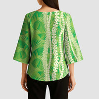 Hawaii Prince Kuhio Kimono Sleeve Blouse Lime Green Hawaiian Lau Maia With Leis LT05 - Polynesian Pride