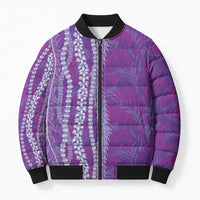 Hawaii Prince Kuhio Bomber Puffer Jacket Violet Hawaiian Lau Maia With Leis LT05 Unisex Violet - Polynesian Pride