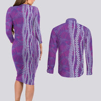 Hawaii Prince Kuhio Couples Matching Long Sleeve Bodycon Dress and Long Sleeve Button Shirt Violet Hawaiian Lau Maia With Leis